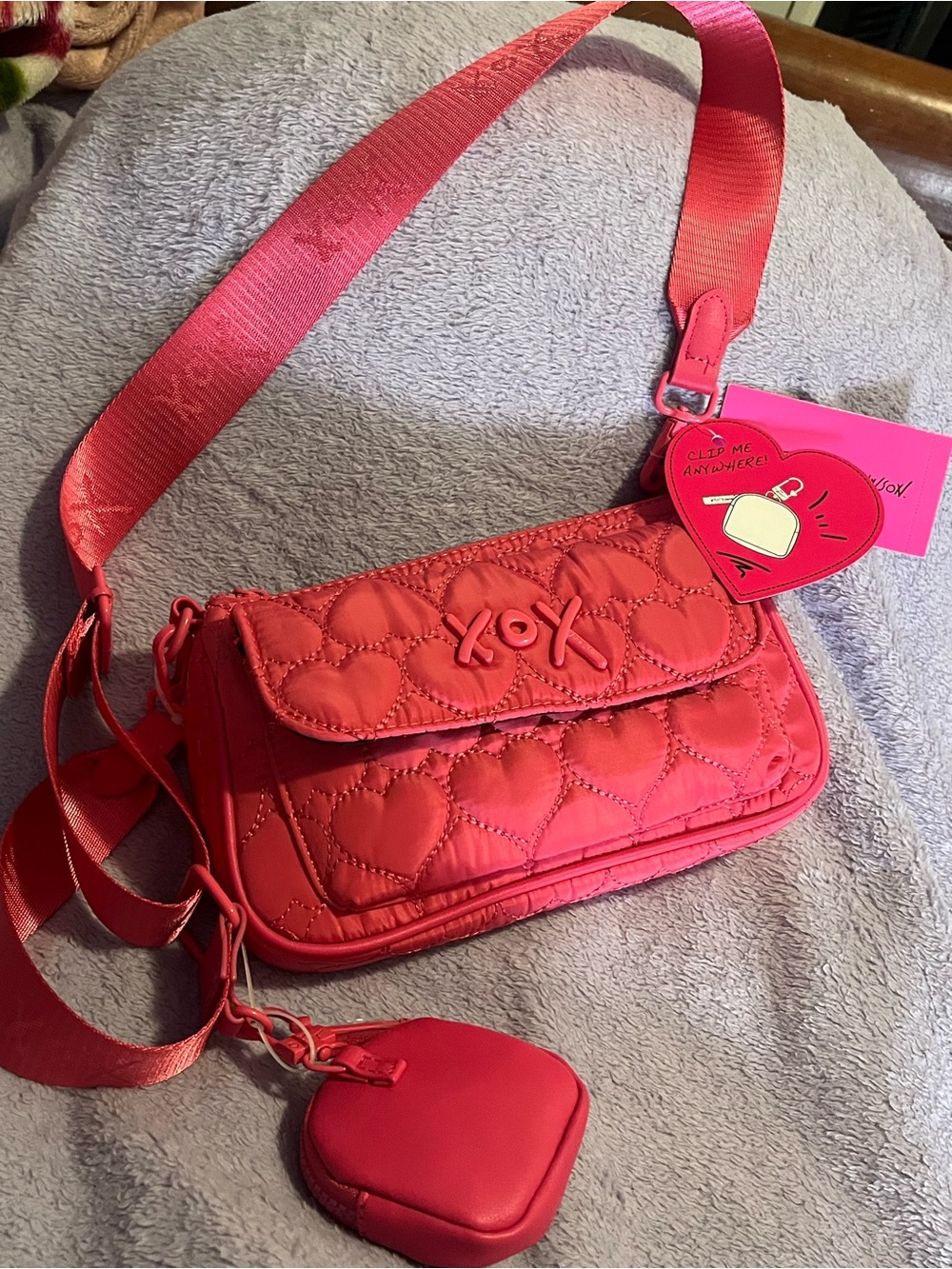 Betsey Johnson Hot Pink Quilted Heart Crossbody with pouch - Picture 1 of 4